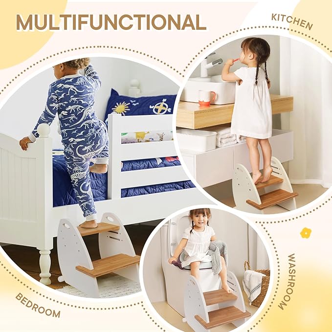 Wooden 2 Step Stool for Kids,Toddler Adjustable Triple Height Step Stool,Bamboo Bird-Shaped Design,300lbs Capacity,Ideal for Bathroom,Kitchen,Bedroom