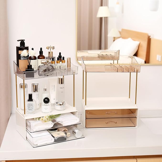 2-Tier 2-Drawer Bathroom Countertop Organizer, Multi-Purpose Makeup Organizer for Vanity, Large Skincare Countertop Organizer, Cosmetic Display Case for Dresser, Elegant Gifts for Women, Clear