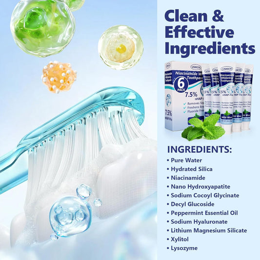 7.5% Nano Hydroxyapatite Toothpaste,6 Pack Fresh Breath Whitening Toothpaste for Remineralizing Enamel & Sensitive Relief,Antiplaque,Natural Peppermint,Fluoride-Free