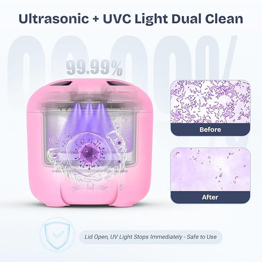 2025 Ultrasonic Retainer Cleaner- 45KHz 25W Portable Denture Cleaner with Drying Function and Removable Inner for Dentures, Mouth Guards, Aligners, Jewelry and More (Pink)
