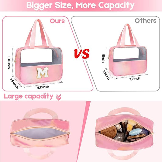 Personalized Initial Clear Makeup Bag Pink Cosmetic Bag Set Large Travel Toiletry Bag, Cute Clear Make Up Bags Organizer Bag for Girlfriend Teacher Gifts Teen Girl Gifts Trendy Stuff E (Pink)