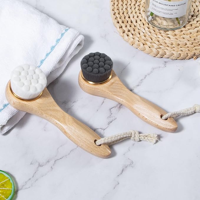 2 Pcs Face Scrubber with Wooden Handle, Facial Cleansing Brushes Face Wash Brush for Deep Pore Cleansing and Exfoliating, Ultra Soft Bristles Manual Dry Brush for Face Care