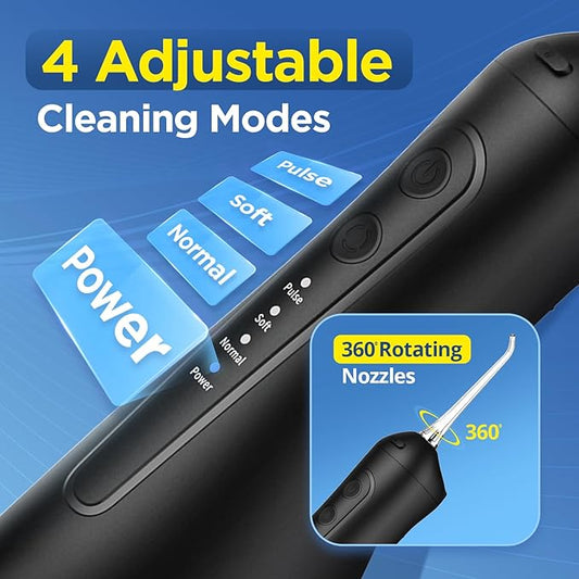 Brezz Water Dental Flosser Pick:Professional for Teeth Cleaning,4 Modes Cordless, Rechargeable IPX 7Waterproof,300ML Large Tank,Electric,Portable Home Travel,5Tips Flossing,Powerful Battery (Black)