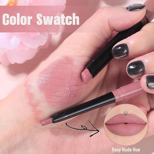 QiBest Nude Rose Pink Cream Lipstick with Lip Liner Makeup Set for Women, Soft Matte Lip Stick Silk Finish with LipLiner Pencil 24 Hours Original Waterproof Labials, Velvety & Non-Drying Formula