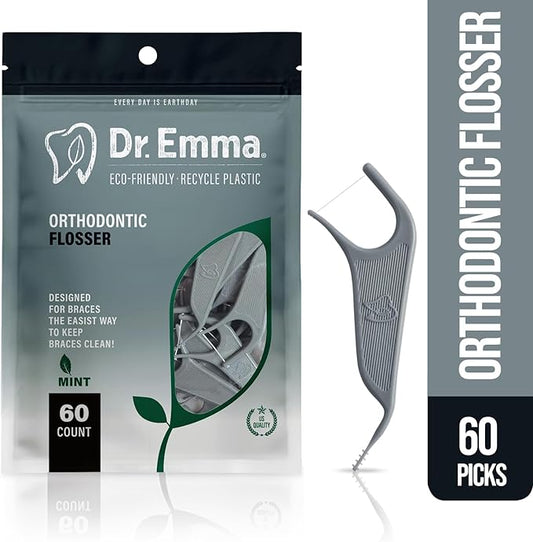 Dr. Emma Orthodontic Flossers for Braces, Ortho Dental Floss Picks, Mint Flavor 60 Count/Bag (Gray, 2pack)