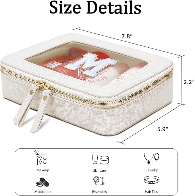 Initial Travel Toiletry Bag - Cosmetic Bags for Girls with Zipper, Clear & Potable Makeup Bag for Travel, Cosmetic Pouch Perfect Gifts for Graduation (Beige, M)