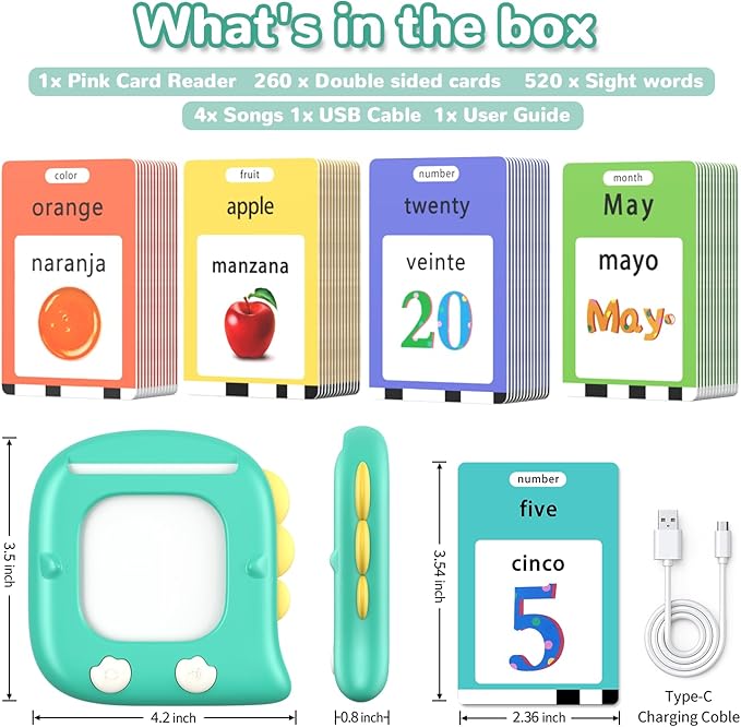 Kidzdo 520 Bilingual Spanish English Talking Flashcards for Toddlers, Educational Learning Toy, Birthday Present Xmas Gift for Kids 2 3 4 5 6, Pocket Speech Therapy Toys for Autism Children, Green