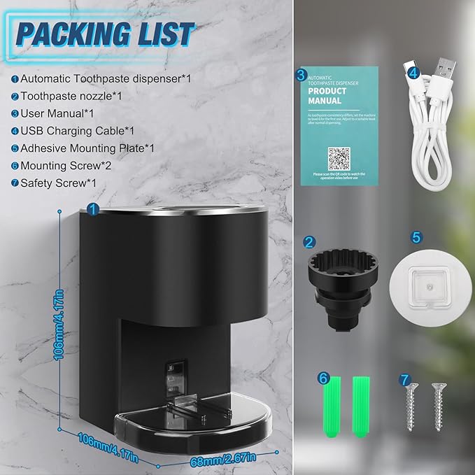 Automatic Toothpaste Dispenser Wall Mounted: Black Electric 6 Adjustable Levels Auto Toothpaste Squeezer Smart Rechargeable Touchless for Kids Adults - Bathroom - Replaceable Parts