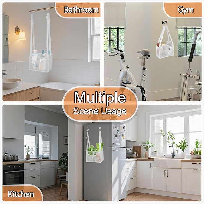 PVC Mesh Hanging Shower Caddy Organizer with 2pc Magnetic Hooks, Portable Adjustable Travel Bathroom Bag with Pockets for RV, Camping, Cruise, Dorm, Gym, White, 12“x5 x7(LxWxH)