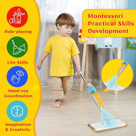 Kids Spray Mop - Toddler Cleaning Set Includes Kids Mop with Real Water Sprayer, Microfiber Pads & Scraper - Pretend Play Montessori Housekeeping Toys Gifts for Toddlers Girls Boys Aged 4+