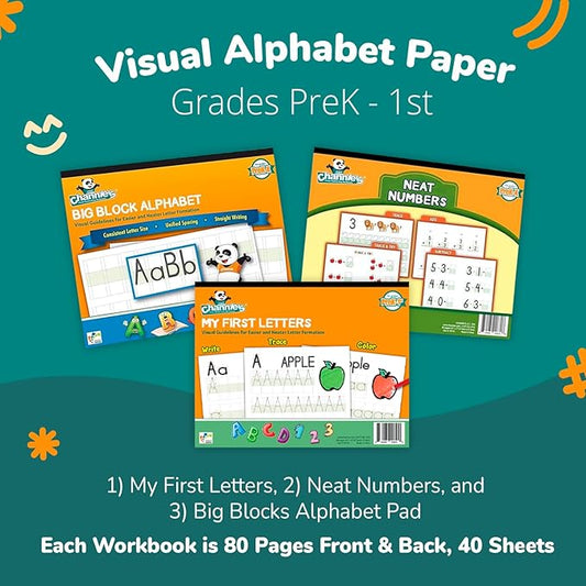 Channie's PreK Kindergarten Handwriting Visual Alphabets & Numbers Learning & Tracing Workbooks, 3 Pack - Alphabet & Numbers Preschool Workbook for Homeschool and After School