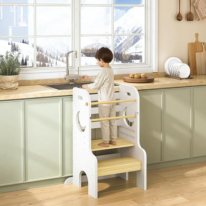 HOOBRO Toddler Standing Tower, Adjustable Height Toddler Step Stool with Back Protection, Kids Kitchen Step Stool with Safety Rails and Non-Slip Foot Pads, for Kitchen, Bathroom, White WN90JD01