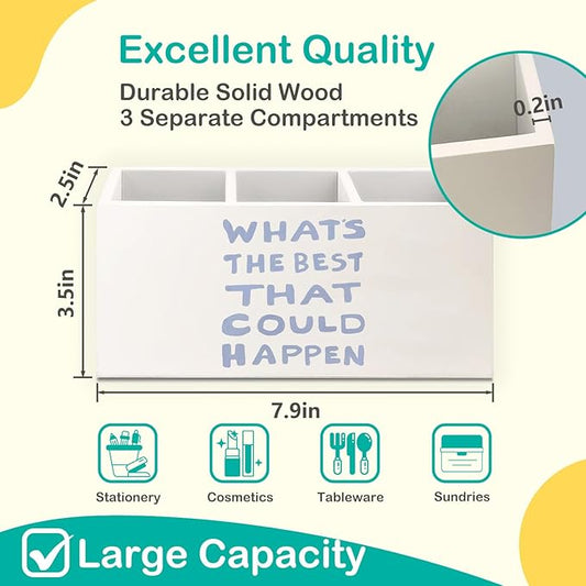 Daily Reminder Positive Affirmations Pen Pencil Holder for Desk, Preppy Light Blue What's the Best That Could Happen Wooden Box Decorative Sign for Home Office Desk Tabletop Decor