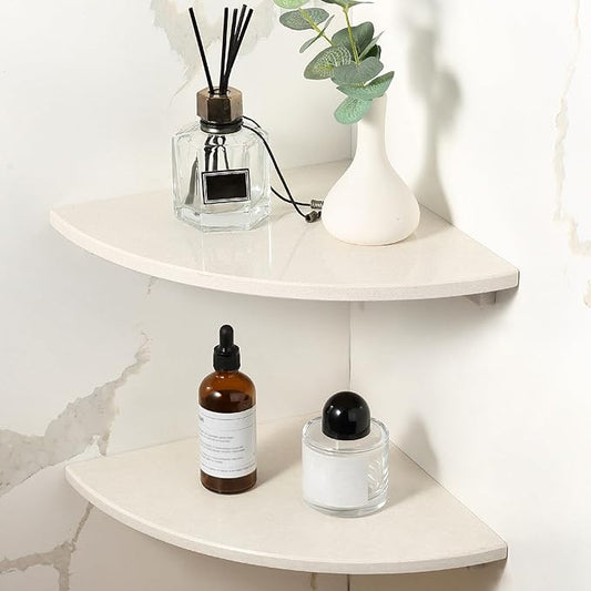 Koville 2 Pcs Marble Corner Shower Shelves for Bathroom, 10'' Marble Corner Shelf for Bath, Wall Mounted Stone Shower Caddy, No Drilling Adhesive Bathroom Shelf - Sahara Sand (No Glue Included)