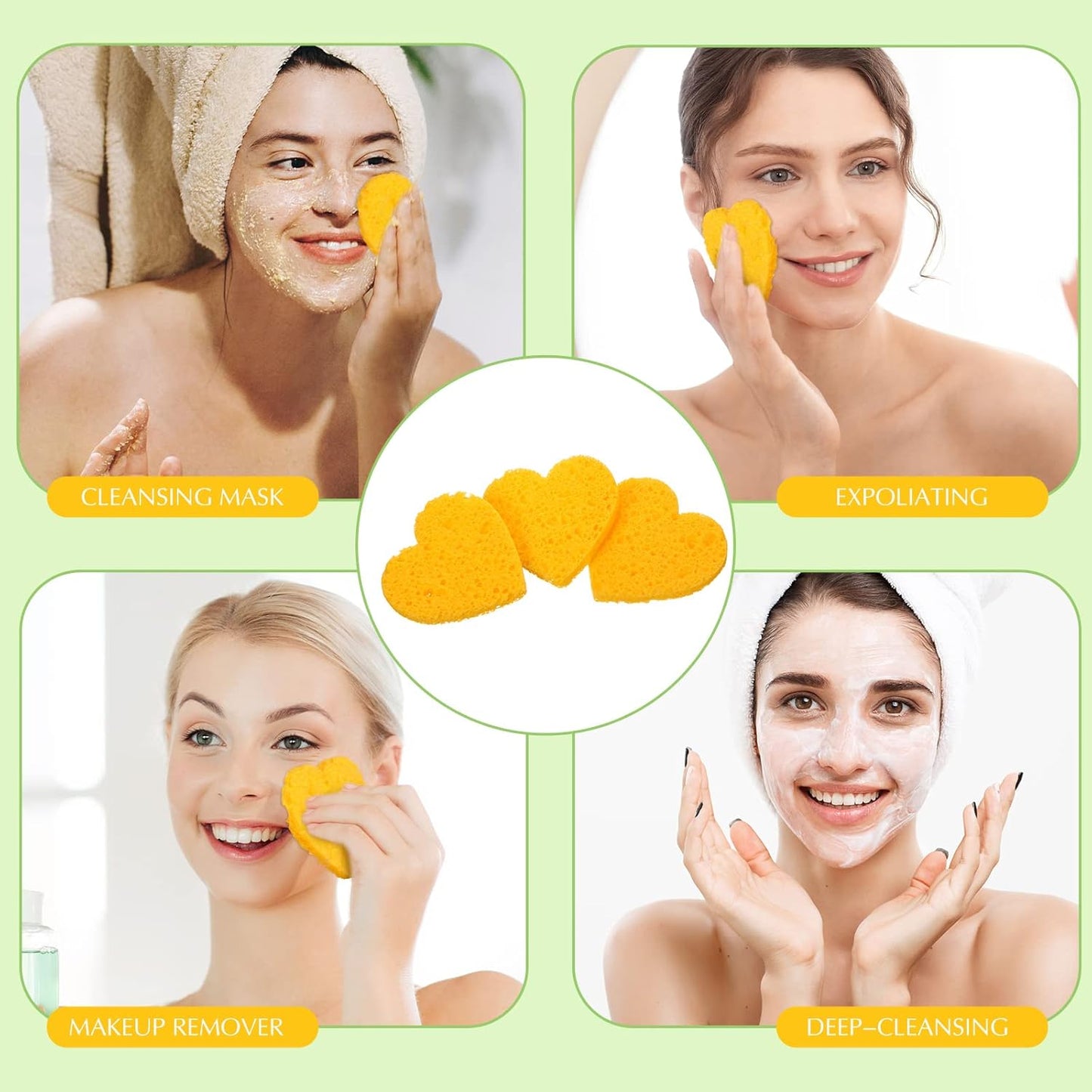 Nuenen 60 Pieces Facial Sponges with Container, Heart Shape Compressed Face Sponges Natural Cleaning Pads for Washing Face Cleaning Exfoliating Esthetician Makeup Removal(Yellow)