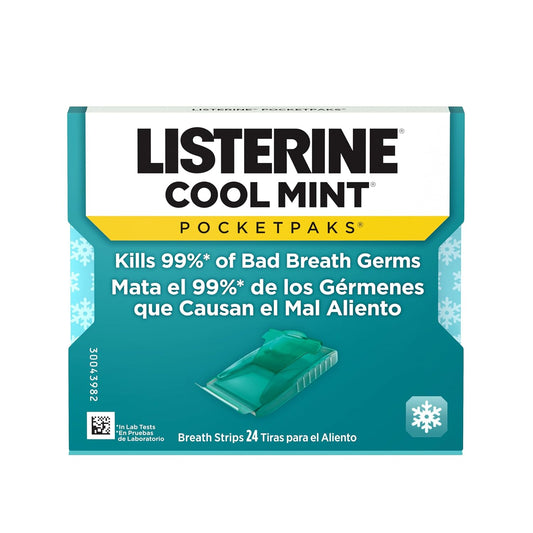 Listerine Cool Mint PocketPaks Portable Breath Strips for Bad Breath, Fresh Breath Strips Dissolve Instantly to Kill 99% of Bad Breath Germs* On-The-Go, Cool Mint, 12 Pack