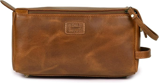 LEATHER VILLAGE Premium Leather Travel Toiletry Bag - Unisex Water-Resistant Travel Dopp Kit, Shaving & Cosmetic Organizer for Men & Women - Compact Bathroom Essentials - Tan Brown