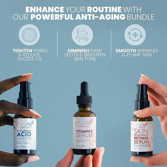 Eva Naturals Anti-Aging Serum Set – Vitamin C, Retinol & Hyaluronic Acid Serums for Face, Hydrating Bundle for Skin, Fine Lines, Wrinkles, Collagen, Firming, Plumping, Radiance & Youthful Hydration
