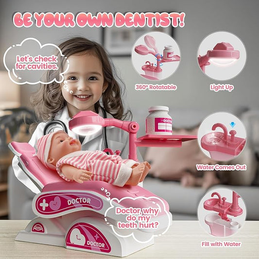 Toy Doctor Kit for Toddlers, Kids Dentist Play Set with Dentist Chair, Doll Toy, Stethoscope, Large Carrying Storage Bag, Dental Accessories, Pretend Doctor Play Medical Gift Kit for Girls(Pink