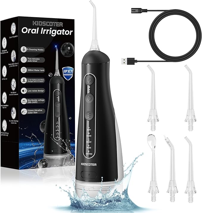 Water Flosser for Teeth with Detachable Washable Tank, 5 Modes Rechargeable Cordless Oral Irrigator, 300ml Portable Dental Flosser, IPX7 Waterproof for Home & Travel, Black