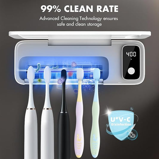 Sanitizeri Toothbrush Cleaner with 5 Slots, Smart Sanitizeri Toothbrush Holder Organizer, Cordless No Drilling Wall Mounted Rechargeable Holders for Bathroom Family, 200/400s Timer Function