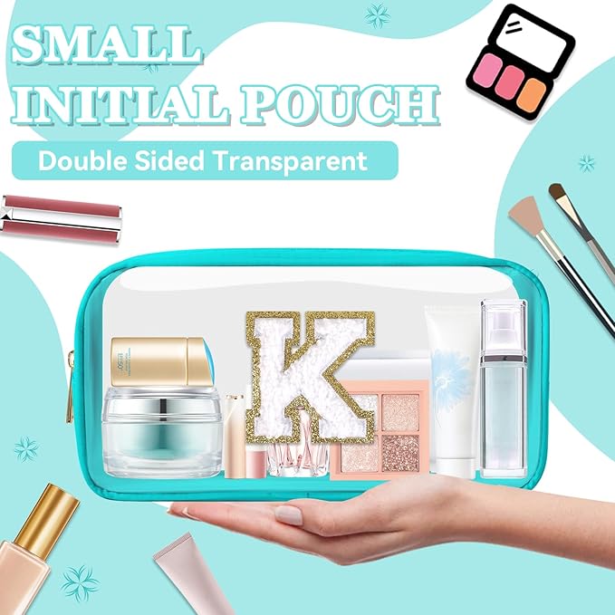 Small Clear Personalized Initial Makeup Bag,Nylon Preppy A-Z Chenille Letter Patch Cosmetic Pouch Beach Toiletry Bag,Waterproof Zipper Travel Purse Storage Bag Organizer for Women Girls(Cyan-White K)
