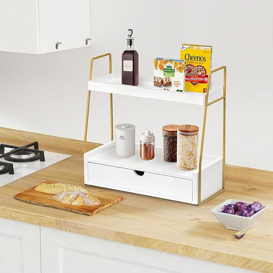 2-Tier Bathroom Organizer Countertop with Drawer, Wood Counter Organizer for Bathroom Decor, Sink Shelf for Vanity Storage, Makeup Tray for Perfume Skincare Bedroom Kitchen Corner