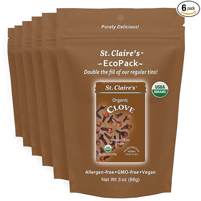 St. Claire’s Organic Clove Pastilles – 6-Pack Eco-Pack, 3 oz Each | Certified Organic, Vegan, Gluten-Free, Allergen-Free, Non-GMO, Low Calorie, Plant-Based | Made in USA