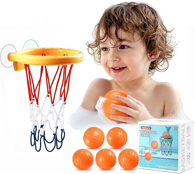 Bath Toys, Bathtub Basketball Hoop for Toddler Kids - 5 Soft No-Hole Balls, Yellow Duck Cartoon Style with Strong Suction Cups, Baby Shower Toy Set for Boys & Girls, Gift-Ready