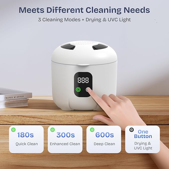 2025 Ultrasonic Retainer Cleaner- 45KHz 25W Portable Denture Cleaner with Drying Function and Removable Inner for Dentures, Mouth Guards, Aligners, Jewelry and More
