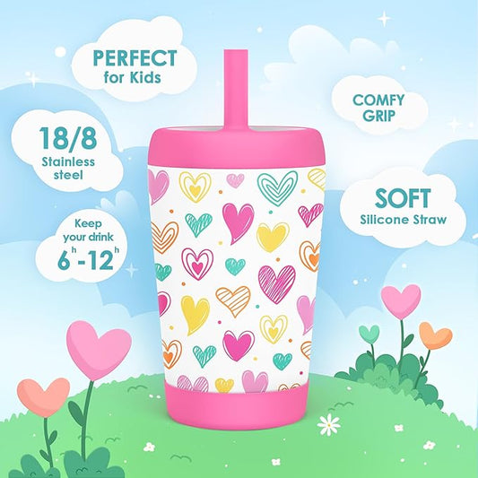 Kid Insulated Stainless Steel Tumbler with Silicone Straw, 12oz Sippy Cup for Kids (Playful Hearts)
