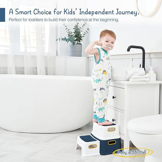 Forbena Toddler Step Stool for Bathroom Sink, Two Step Stool for Kids Toilet Potty Training, Toddlers Baby Child Kid Plastic Poop Stools with Handles for Kitchen Counter Bed (Navy Blue-Yellow)