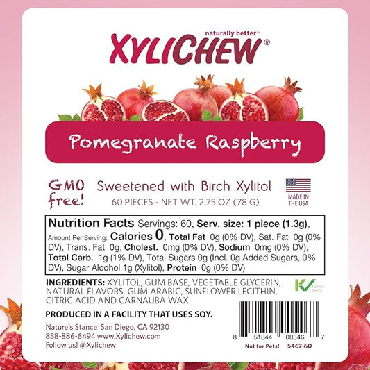 Xylichew 100% Xylitol Chewing Gum - Non GMO, Non Aspartame, Gluten Free, and Sugar Free Gum - Natural Oral Care, Relieves Bad Breath and Dry Mouth - Pomegranate Raspberry, 240 Count