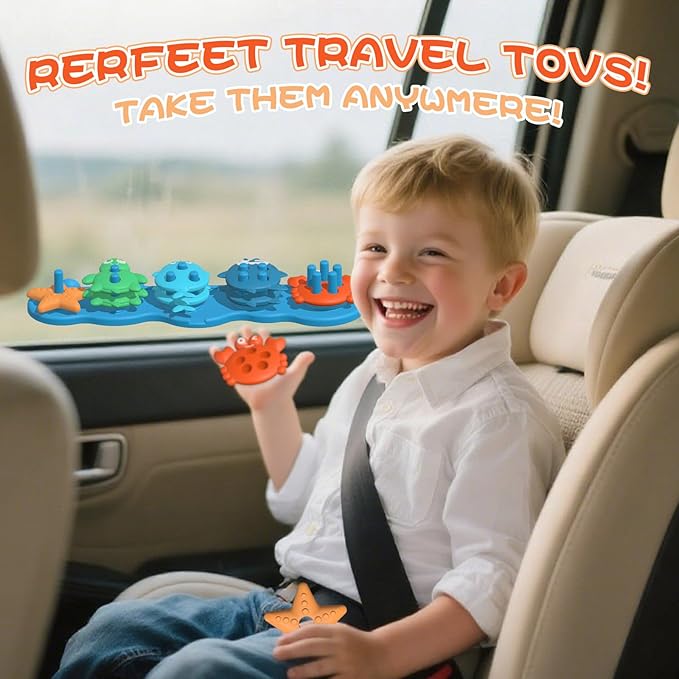 Suction Baby Bath Toys, Mold Free Silcone Shape Sorting & Stacking Bathub Toy, Sensory Toys & Best Gift for Toddlers 3 4 5 Early Learning Bathtub Fun (Ocean Animal)