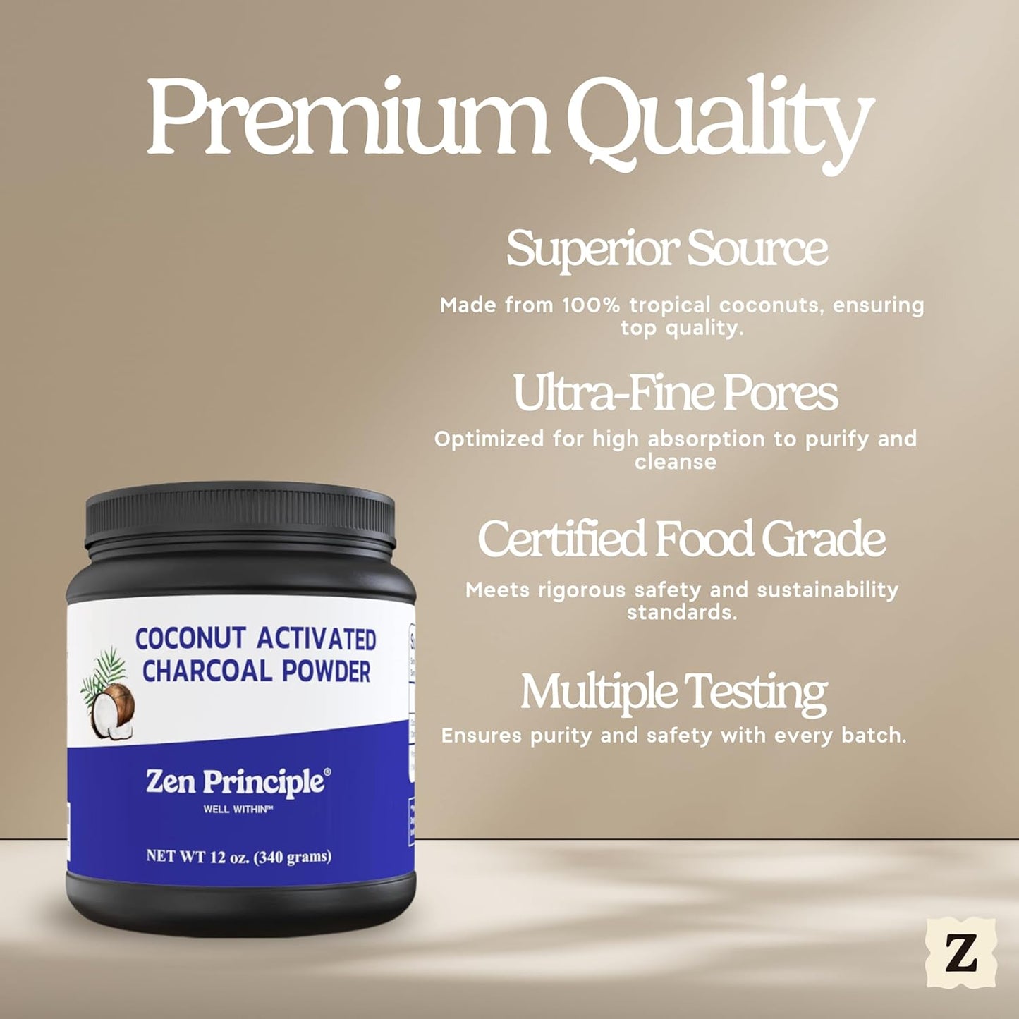 Zen Principle Coconut Activated Charcoal Powder. Whitens Teeth, Rejuvenates Skin and Hair, Supports Better Digestion. USA-Owned Producers, Free Scoop, 12 Oz