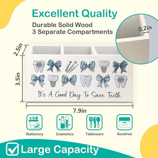 Dental Gifts Pen Pencil Holder for Desk, Dental Hygienist Gifts, Coquette Blue Bow Dentist Wooden Box Decorative Sign for Dentist Office Clinic Hospital Desk Tabletop Decor