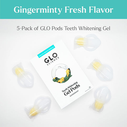 GLO Science Teeth Whitening Gel Pods – Safe, Effective Tooth Whitener with Silicon Brush, 6% Hydrogen Peroxide – Fastest Way to Whiter Teeth, Sensitivity Free – Gingermint Flavor (Pack of 5)