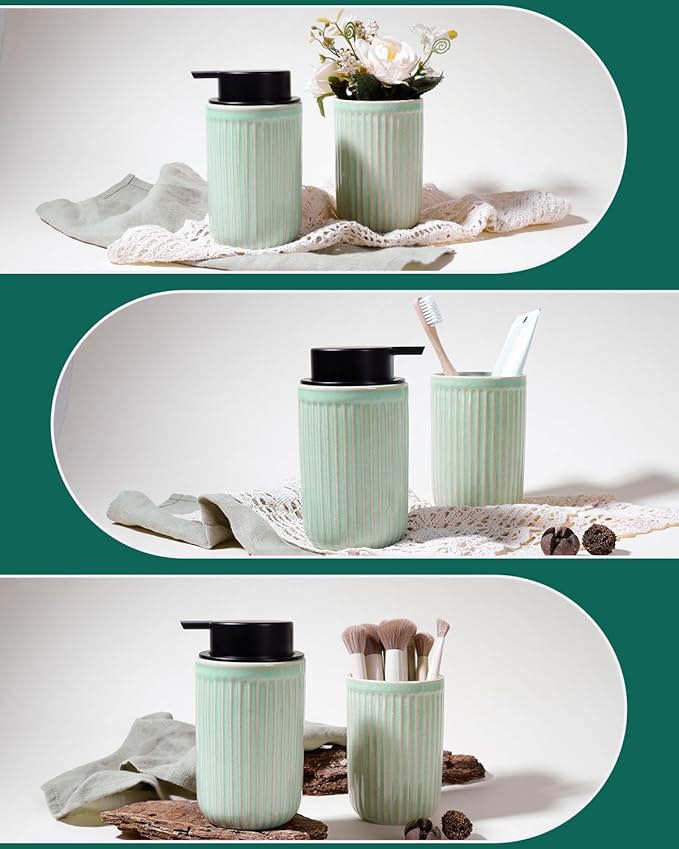 BosilunLife Dish Hand Soap Dispenser - Liquid Pump Soap Dispenser for Bathroom Deco Light Green 12oz Ceramic Kitchen Dish Dispenser with Rust-Proof Liquid Pump Modern Refillable Lotion Bottles