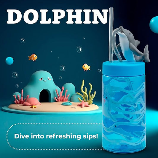 Kids Water Bottle, Toddler Cups, Tumbler with Lid and Straw, Travel Sippy Cup for Water or Milk, Kids Cups with Lids for Toddlers 3 and Up, BPA Free Plastic, 12 oz (Sealife Dolphin)