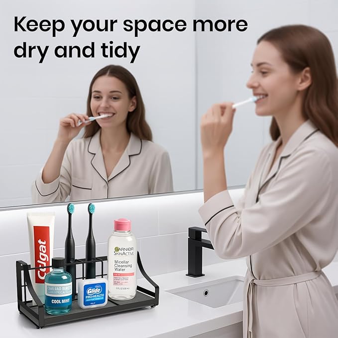 BOTEMY Toothbrush Holder with Instant Drying Stone - Bathroom Counter Organizer, Kids Electric Toothbrush Toothpaste Holders, Bathroom Sink Organizers and Storage,Black