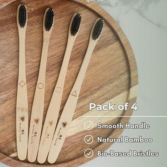 ME MOTHER EARTH Bamboo Charcoal Toothbrush Pack, Medium Soft Bristle Brush, Charcoal Infused Bristles, Biodegradable & Eco Friendly, Sustainable Bamboo (Pack of 4)