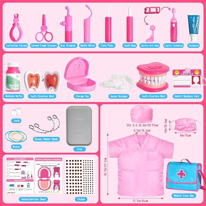 ULOVEME Pink Doctor Kit for Toddlers 3-5 with Costume - Dentist Kit for Kids with Teeth Model /Removable Teeth /Braces /Retainer - Toys for 4 Year Old Girls - Preschool Dramatic Play (Pink)
