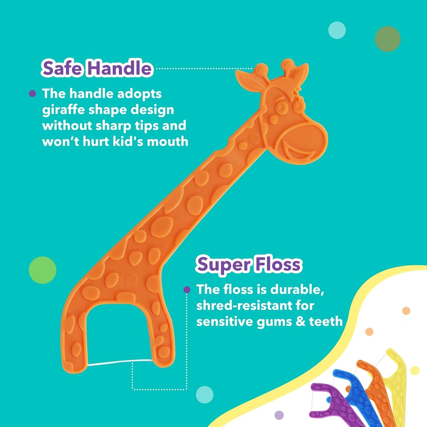 300 Count Kids Flossers, Cute Giraffe Kids Floss Picks, No Fluoride BPA Free Dental Floss Picks, Unflavored Flossers for Kid, 4 Colors, 75 Count (Pack of 4)