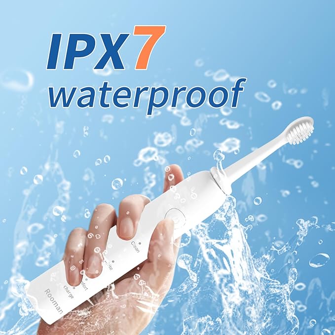 Rooman Oscillation&Vibration Sonic Electric Toothbrush for Adults, with 8 Brush Heads for Travel & Teeth Care, 20000 VPM, 3 Cleaning Modes, 2-Minute Timer, IPX7 Waterproof (White)