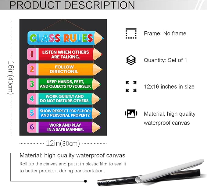 Colorful Classroom Rules Poster – Educational Motivational Wall Art for Elementary, Preschool, Kindergarten, Middle School – Back to School Teacher Supplies and Classroom Decorations 12x16 in Unframed