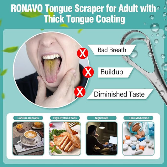 RONAVO Tongue Scraper for Adult with Thick Tongue Coating, Dual Scraping Head Design for Deep Clean, Stainless Steel Tongue Cleaner, Bad Breath Gone, Help Improve Oral Hygiene
