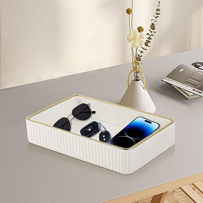 PU Leather Valet Tray,Desk Organizer Tray Nightstand Organizer Trinket Dish Storage Key Bowl Decorative Trays for Phone Wallet Jewelry Watch,Bathroom Bedroom Perfume Vanity Trays,Cream White