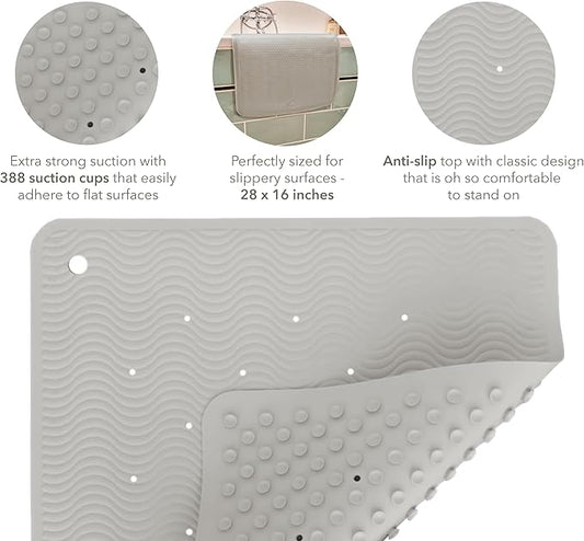 HEVEA Natural Rubber Wave Bath Mat – Long 28 × 16 in - Non-Slip Shower & Bathtub Mat with 388 Suction Cups, Plastic-Free & Biodegradable (Granite)
