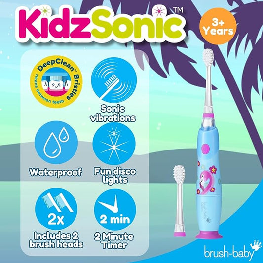 brush-baby - KidzSonic Flamingo Kids Electric Toothbrush for Ages 3+ with Disco LED Lights, Gentle Sonic Vibrations, 2-Minute Smart Timer & 30‑Second Pulse Reminders – AAA Battery Included