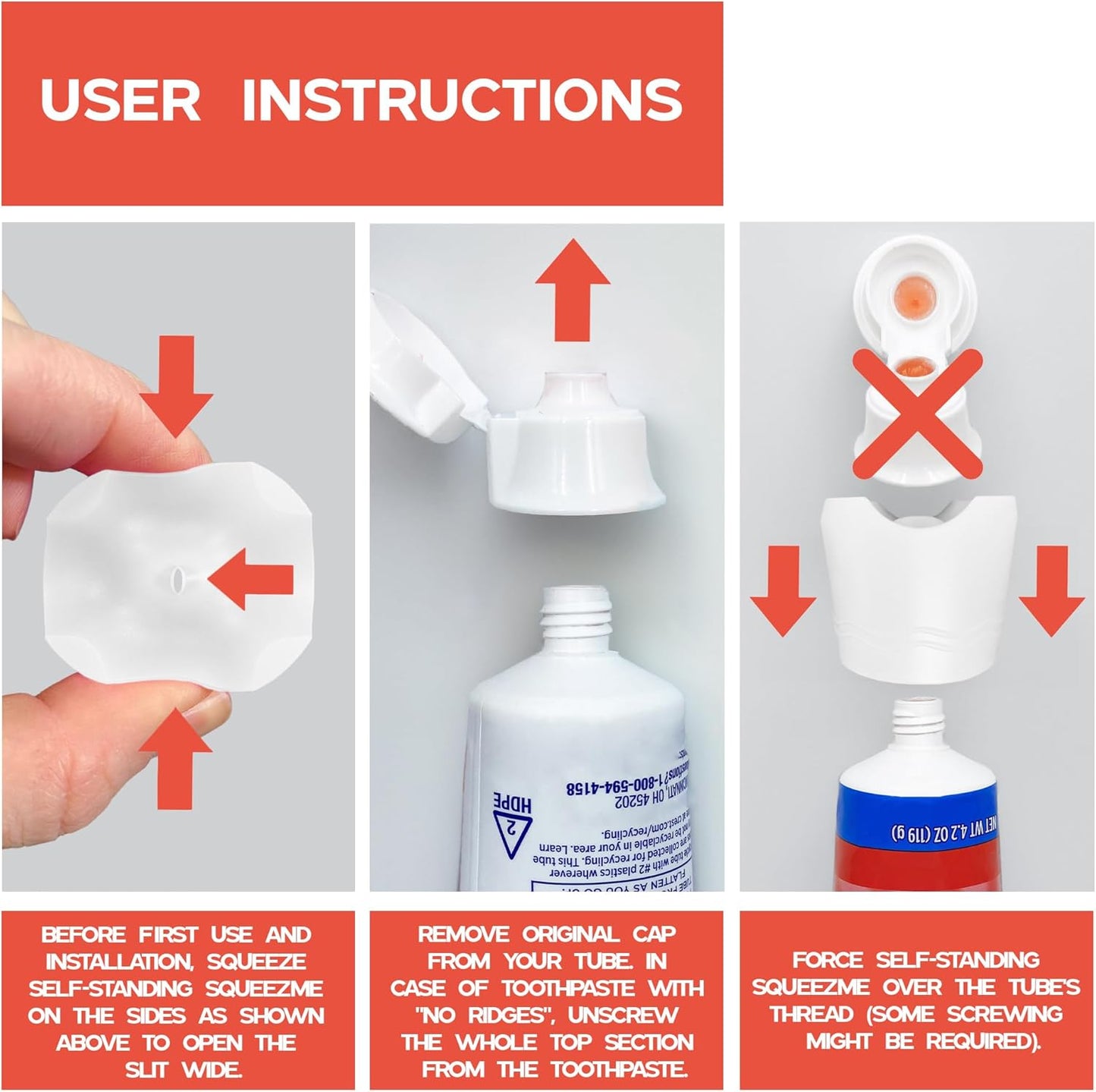 Chrome Cherry SqueezMe Self-Closing Toothpaste Caps, Silicone Lid for Kids & Adults, No Mess Toothpaste Dispenser, Easy Squeezer Cap for Tubes, Bathroom Accessory, Self-Standing Mix, Pack of 3